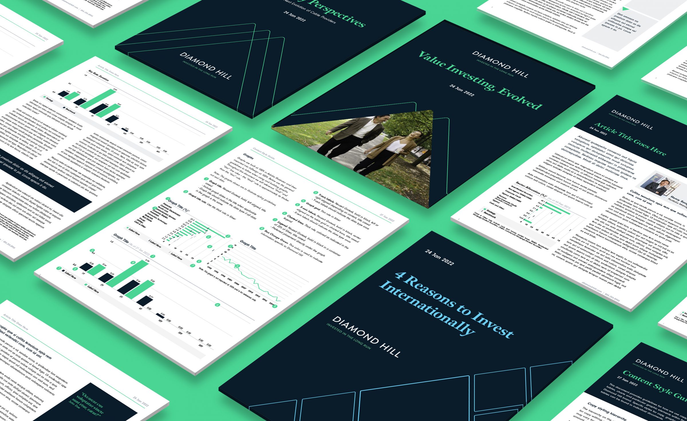 A grid of Diamond Hill folder covers, branded report papers and graphs on a green background illustrate the breadth of creative we made.