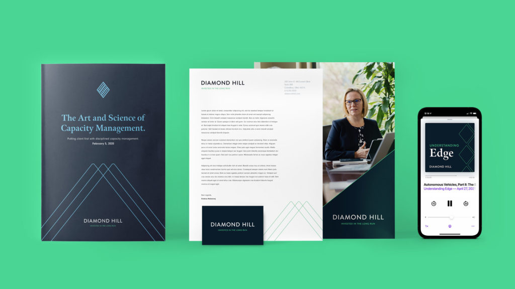 A folder cover, business card, stationary and podcast image showcase the versatile brand we developed for Diamond Hill.