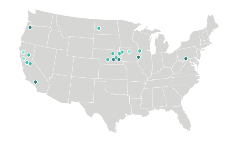 A map of a U.S. that shows Agemark's various locations in California, Iowan, Maryland, Nebraska, North Dakota and Washington.