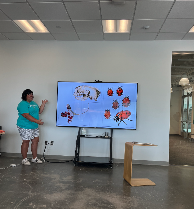 a woman giving a presentation