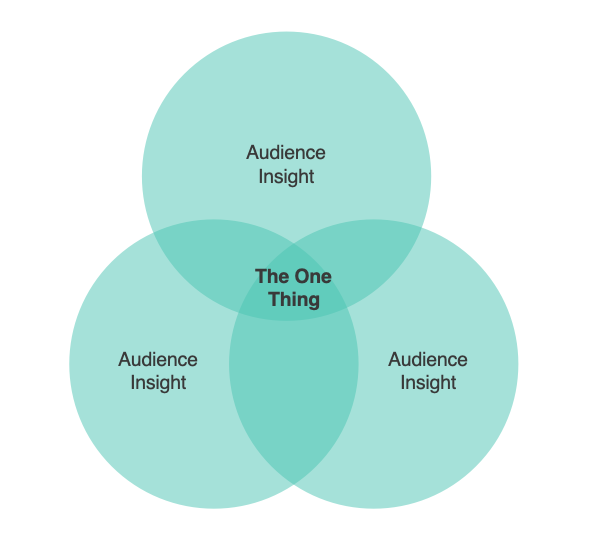 Three circles that say "Audience Insight" overlap to create a shared middle space that says "The One Thing."