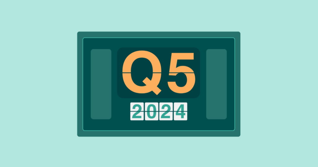 A flip clock reads Q5 2024.