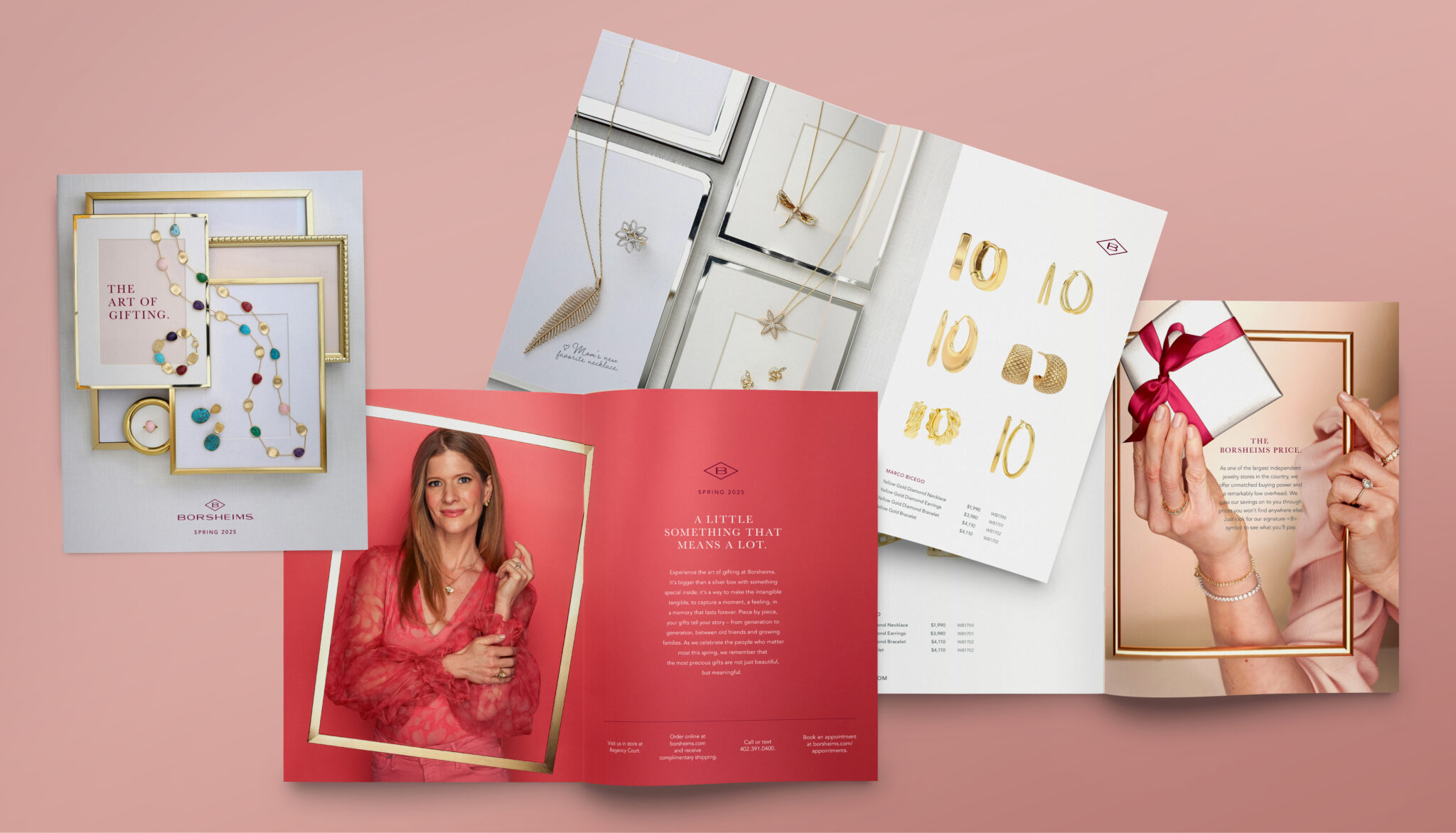Borsheims Spring Catalog cover and three interior spreads laying open on a pick background.