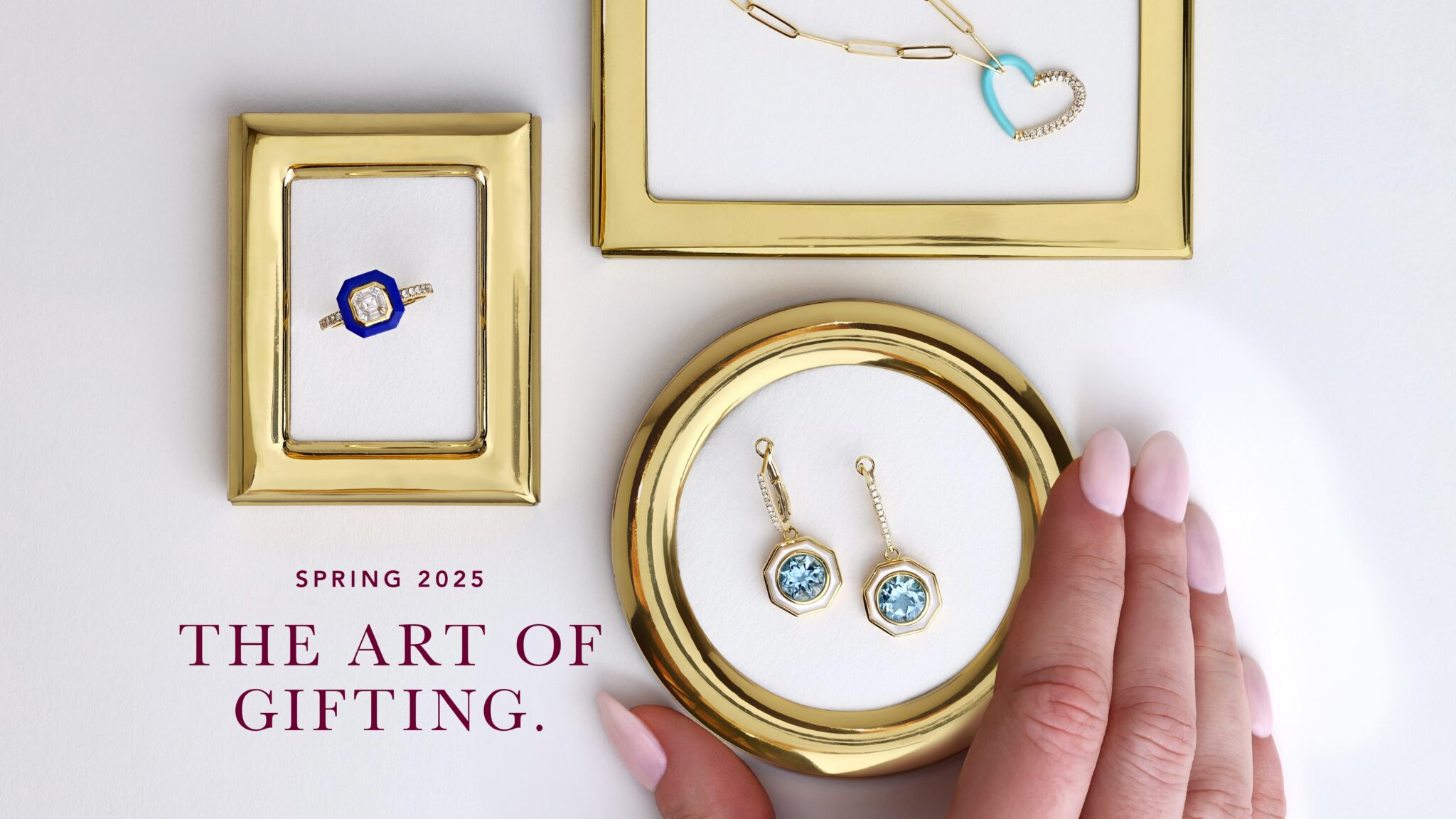 Earrings, necklace and ring surrounded by gold picture frames. Headline reads "The art of gifting."