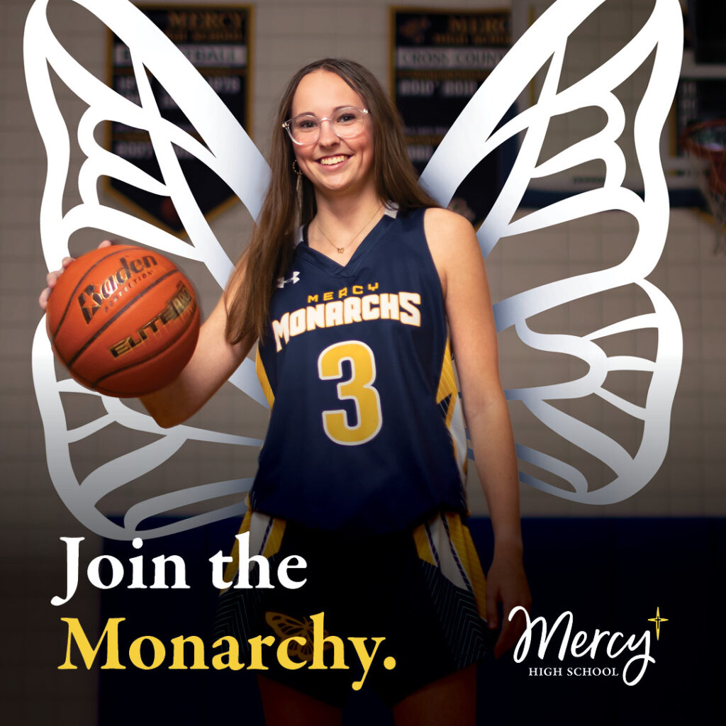 Mercy High School basketball player with her blue uniform with a yellow number three on it. She is dribbling a basketball with her right hand and has illustrated white wings coming from behind her.