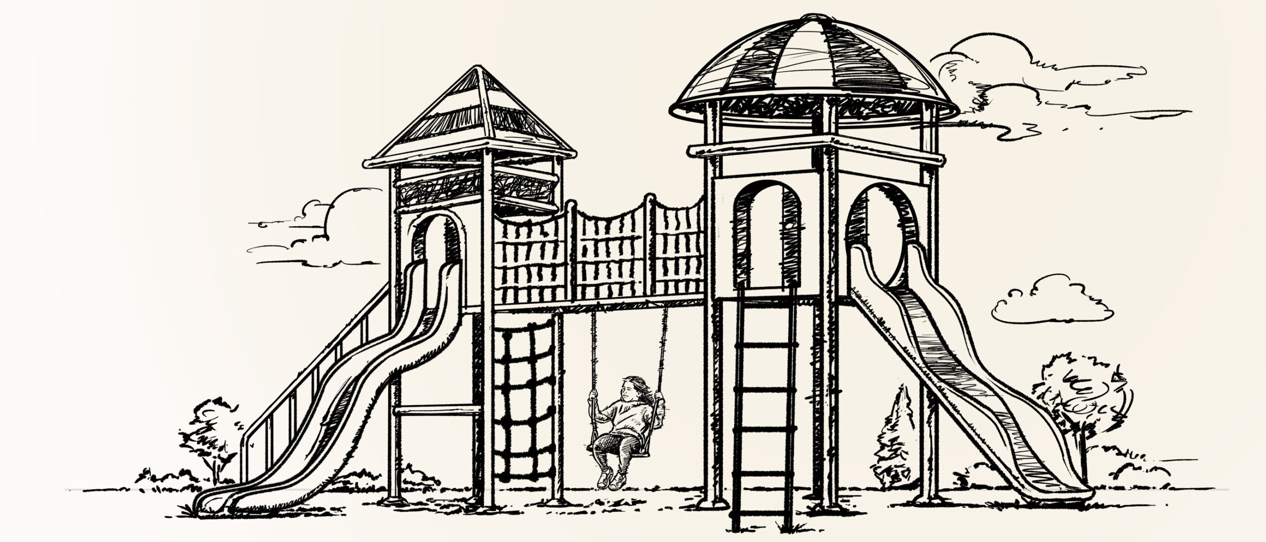 Hand drawn illustration of a child on a playground swingset.