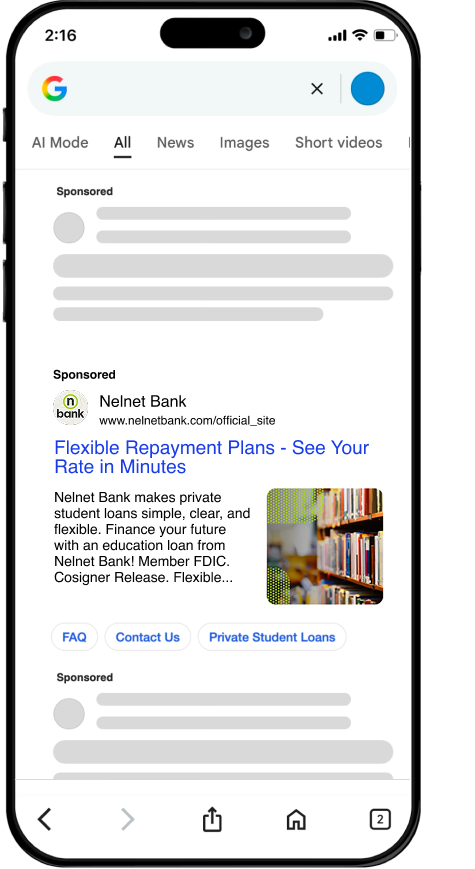 Mockup of a smart phone wit the Nelnet SEM headline: Flexible Repayment Plans - See Your Rate in Minutes. This is followed by supporting copy