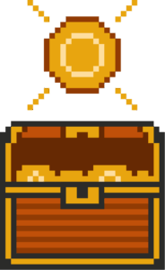 8-bit graphic of a treasure chest full of gold. There is a gold coin hovering above the chest.