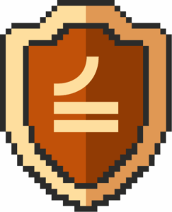 8-bit graphic of a brown and tan shield with the THREE logo on it.