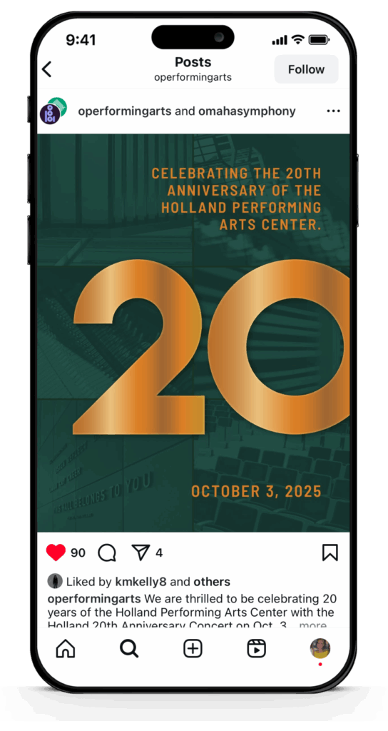 Smartphone with Holland Performing Arts Center 20th anniversary social post.