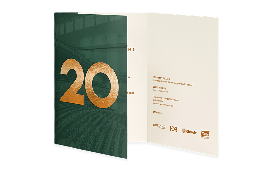Mock up of an invite for the Holland Performing Arts Center 20th anniversary. The mockup features the third flap opening to reveal part of the interior.