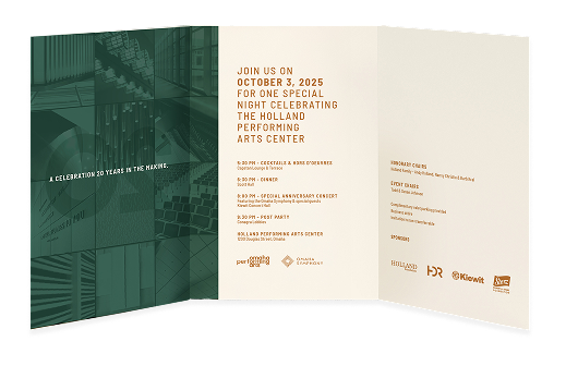 Mock up of an invite for the Holland Performing Arts Center 20th anniversary. The mockup features the interior.