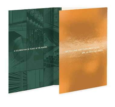 Mock up of an invite for the Holland Performing Arts Center 20th anniversary. The mockup features the firts flap opening to reveal part of the interior.