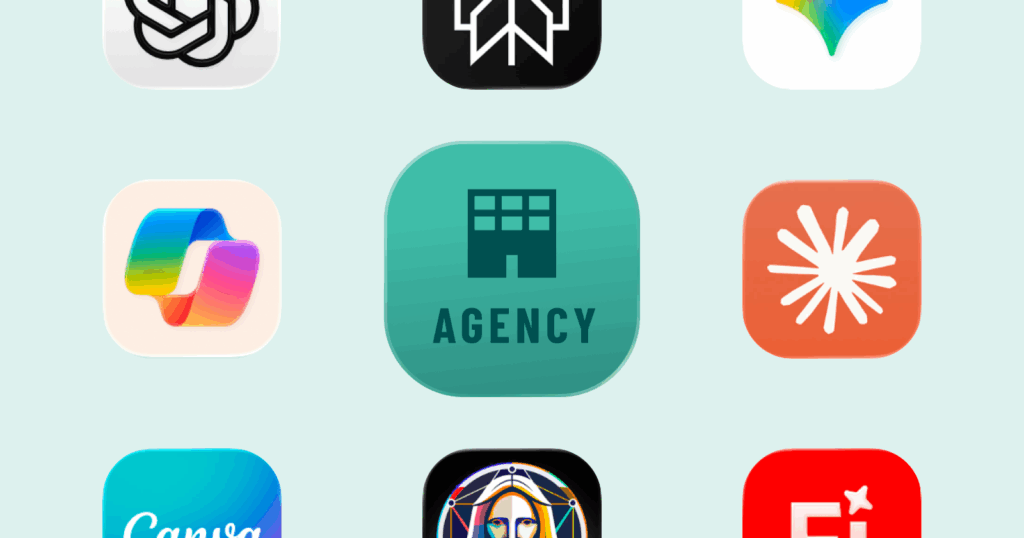 A grid of app icons on a light background, with a green square icon labeled “Agency” in the center. Surrounding icons include recognizable creative and AI app logos for Figma, Perlexity, Anthropic, Canva and more, in various colors such as black, white, blue, orange and multicolor.