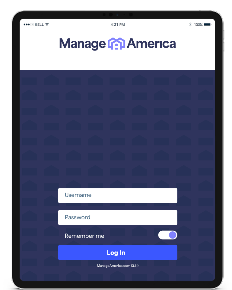 ManageAmerica login screen on tablet