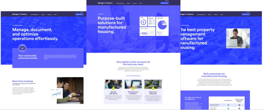 Grouping of three web pages from ManageAmerica.com