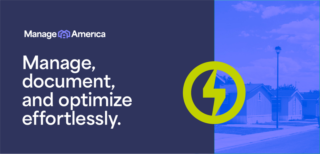 ManageAmerica design layout that includes a typed headline, chartreuse icon and duotone purple image of a manufactured home.