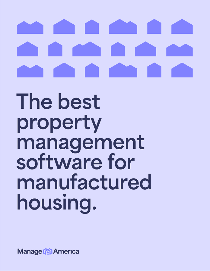 The best property management software for manufactured housing headline on a light purple background with a pattern of house shapes above it and the ManageAmerica logo below it.