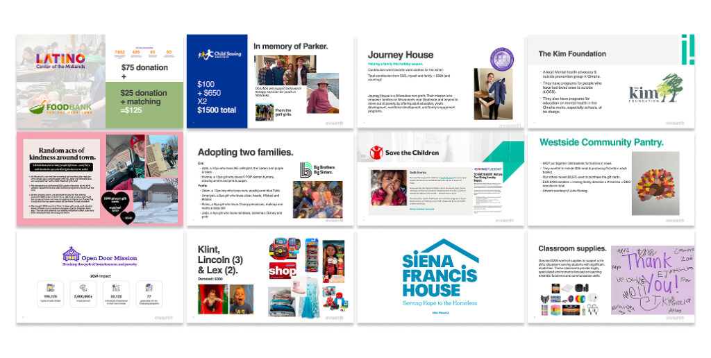 Slides showing many of the non-profits employees donated to.