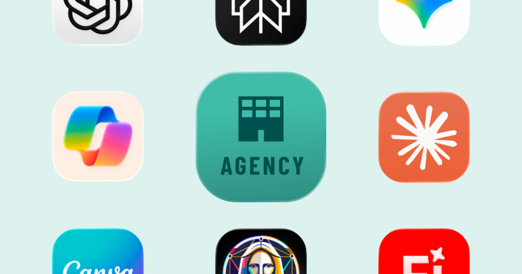 A grid of app icons on a light background, with a green square icon labeled “Agency” in the center. Surrounding icons include recognizable creative and AI app logos for Figma, Perlexity, Anthropic, Canva and more, in various colors such as black, white, blue, orange and multicolor.