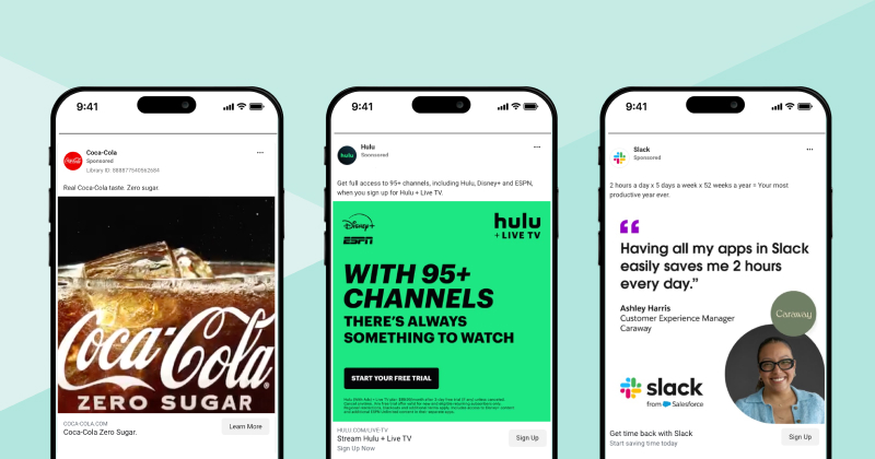 Three smart phone screens with ads