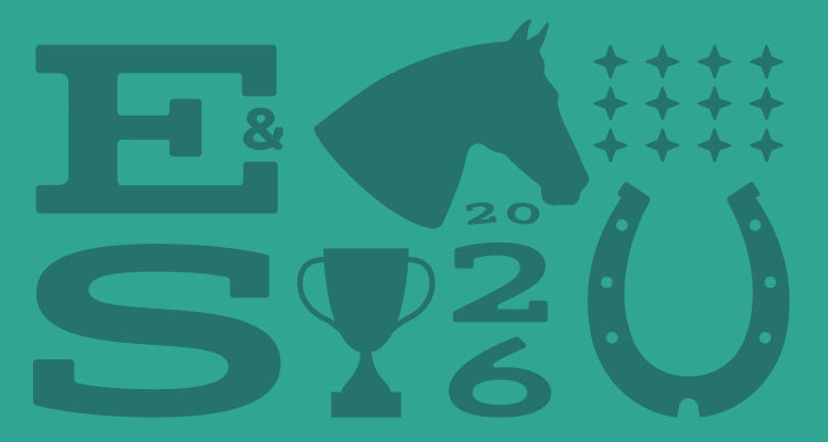 Grid of teal graphics on a lighter teal background. Graphics include a horse, trophy and horseshoe.