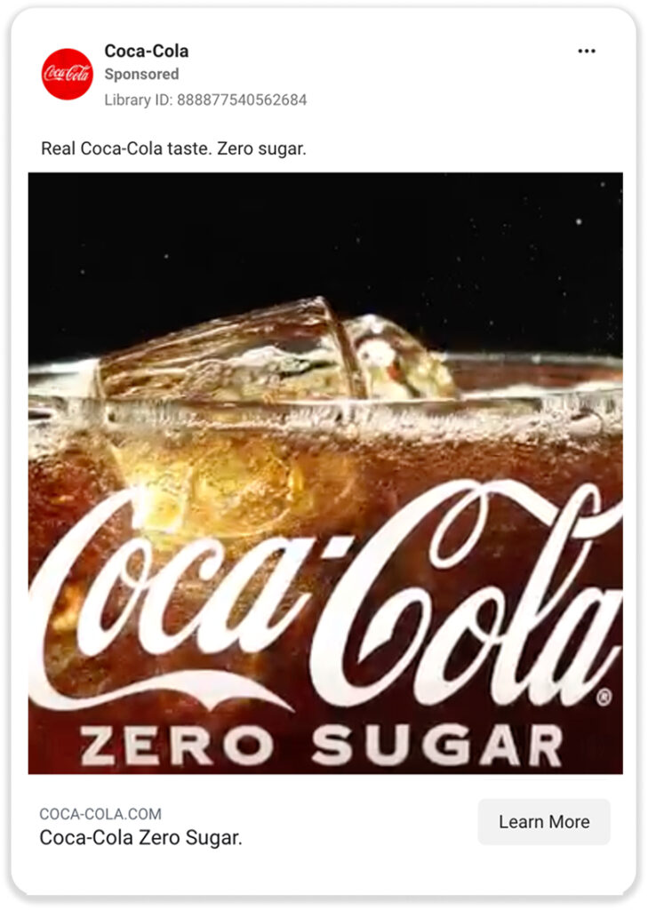 A Coa-Cola social ad with a visual of a glass of Coca-Cola Zero Sugar.
