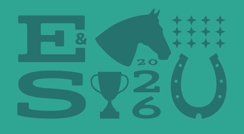 Grid of teal graphics on a lighter teal background. Graphics include a horse, trophy and horseshoe.