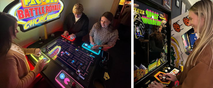 Kelly, Ryan and Allison playing Pac-Man Battle Royale at the arcade;  Abbie plays Space Invaders
