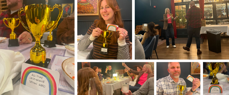 Grid of multiple photos from the E&S awards celebration including a close-up of the trophy, Hannah posing with her trophy, a group raising a glass and Leanne presenting Dan his award