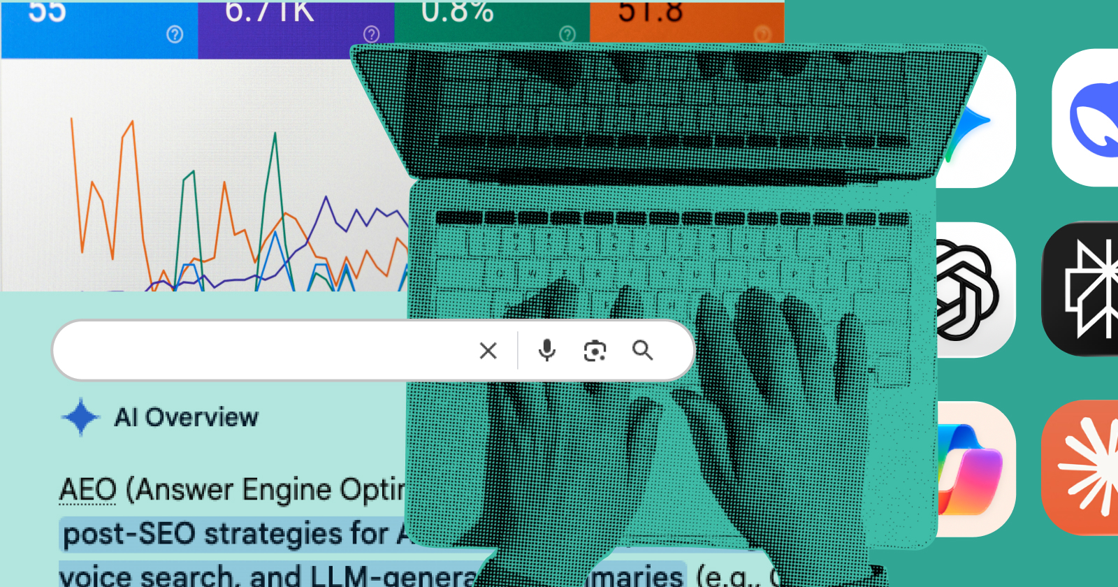 A collage of graphics representing the concept of AI search. There is a search bar on top of a line chart and an image of hands on a laptop keyboard.