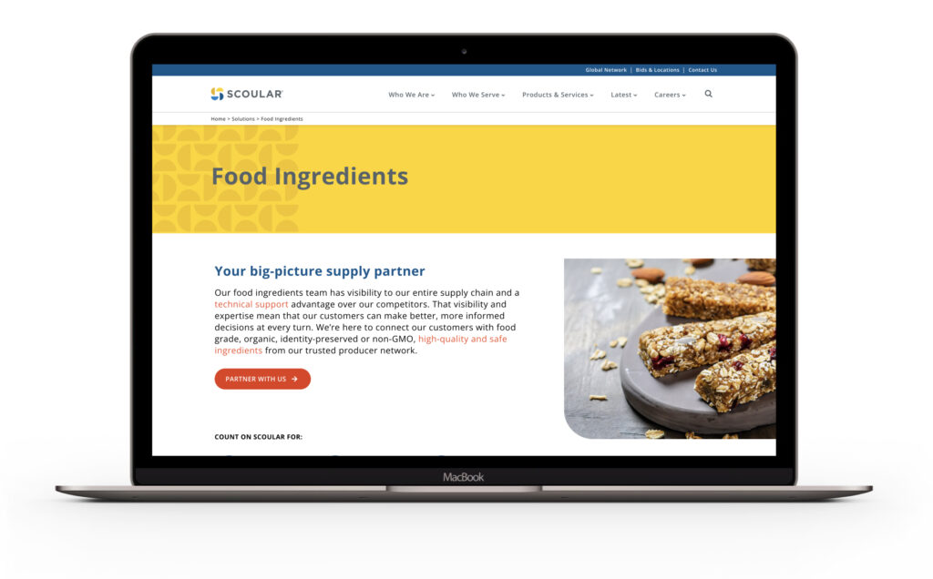 Scoular's Food Ingredients web page on a laptop.