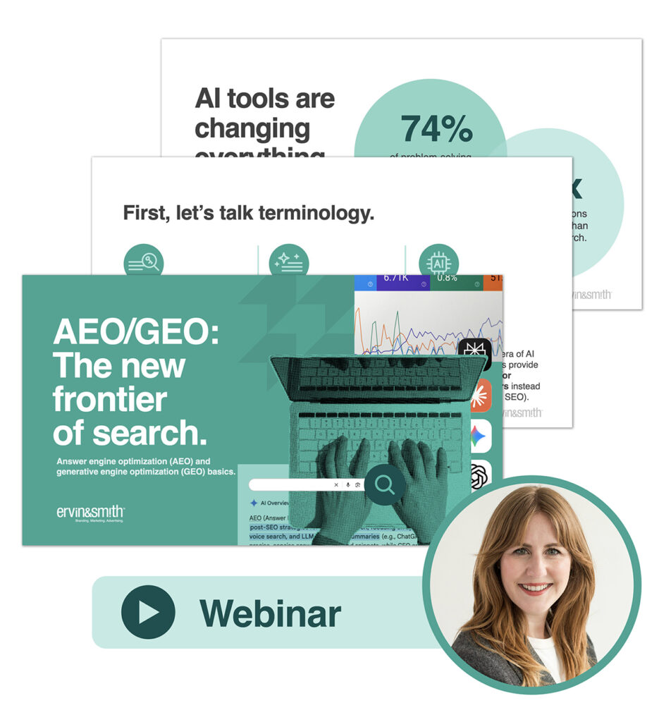 Layered graphic of 3 slides from a webinar deck and a headshot of the webinar presenter