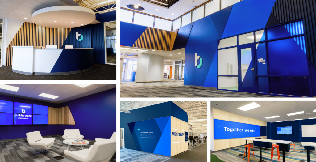 Gallery of images that show the environmental brand installations at the Buildertrend headquarters.