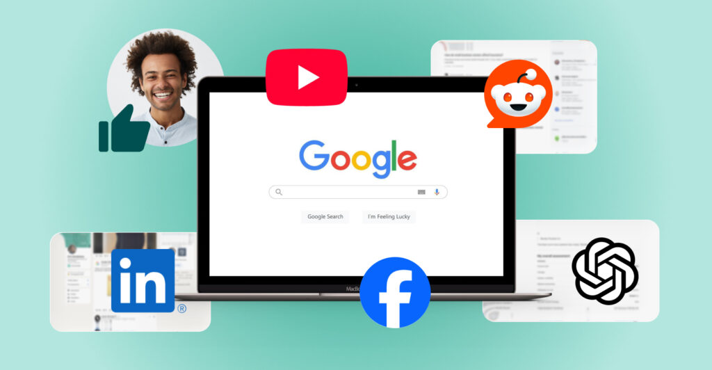 Layered graphic of digital and social channels over a laptop with Google search bar.
