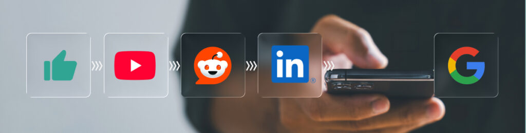 the buyer's journey flow chart from a thumbs up to YouTube logo, reddit, LinkedIn, then Google