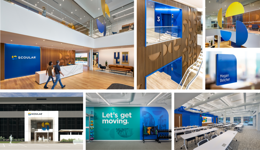 Gallery of images that show the environmental brand installations at the Scoular headquarters.