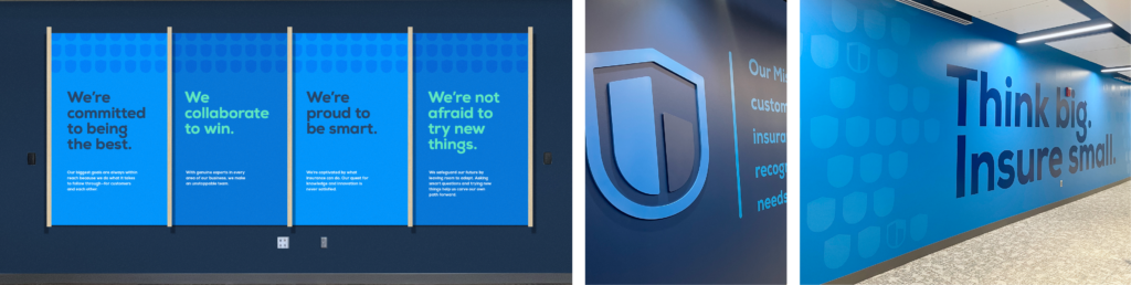 Gallery of images that show the environmental brand installations at the biBerk office.