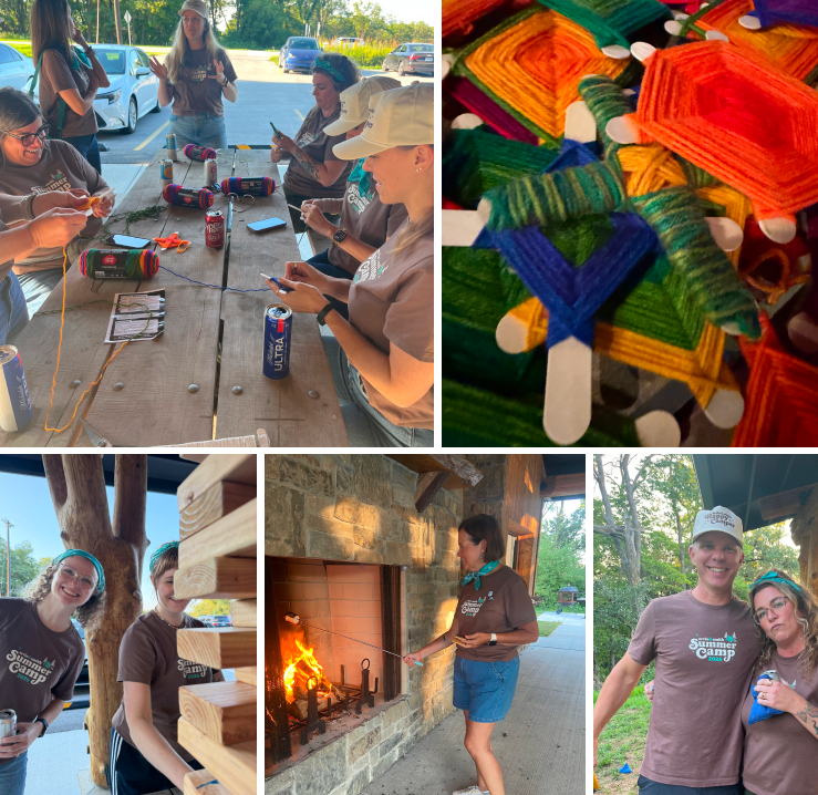 A grouping of five photos of the Ervin & Smith team at Hitchcock Nature Center. The photos are of Ervin & Smith employees in matching shirts at a pavilion. The top left image shows team members sitting around a picnic table, creating mandala yarn art. The right image shows a group of mandala yarn art pieces in a pile. The bottom left image shows team members playing giant Jenga, the middle image shows someone roasting s'mores over a fire in a fireplace, and the bottom right shows two team members in matching shirts holding beanbags while playing cornhole.