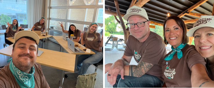 The Ervin & Smith media team poses for group selfies in the office (left) and three employees pose for a picture at the summer camp cookout at Hitchcock Nature Center (right).