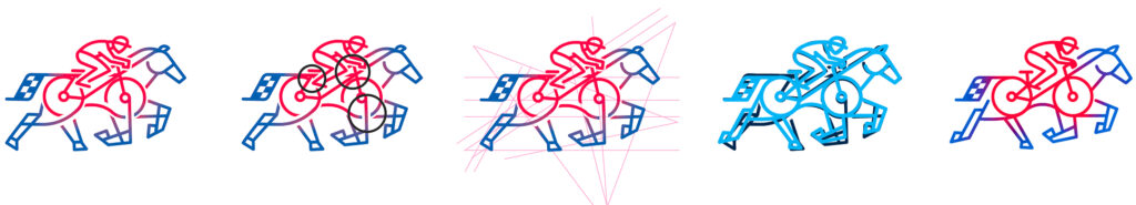 A series of line illustrations depicting the evolution of a man on a bike riding a horse