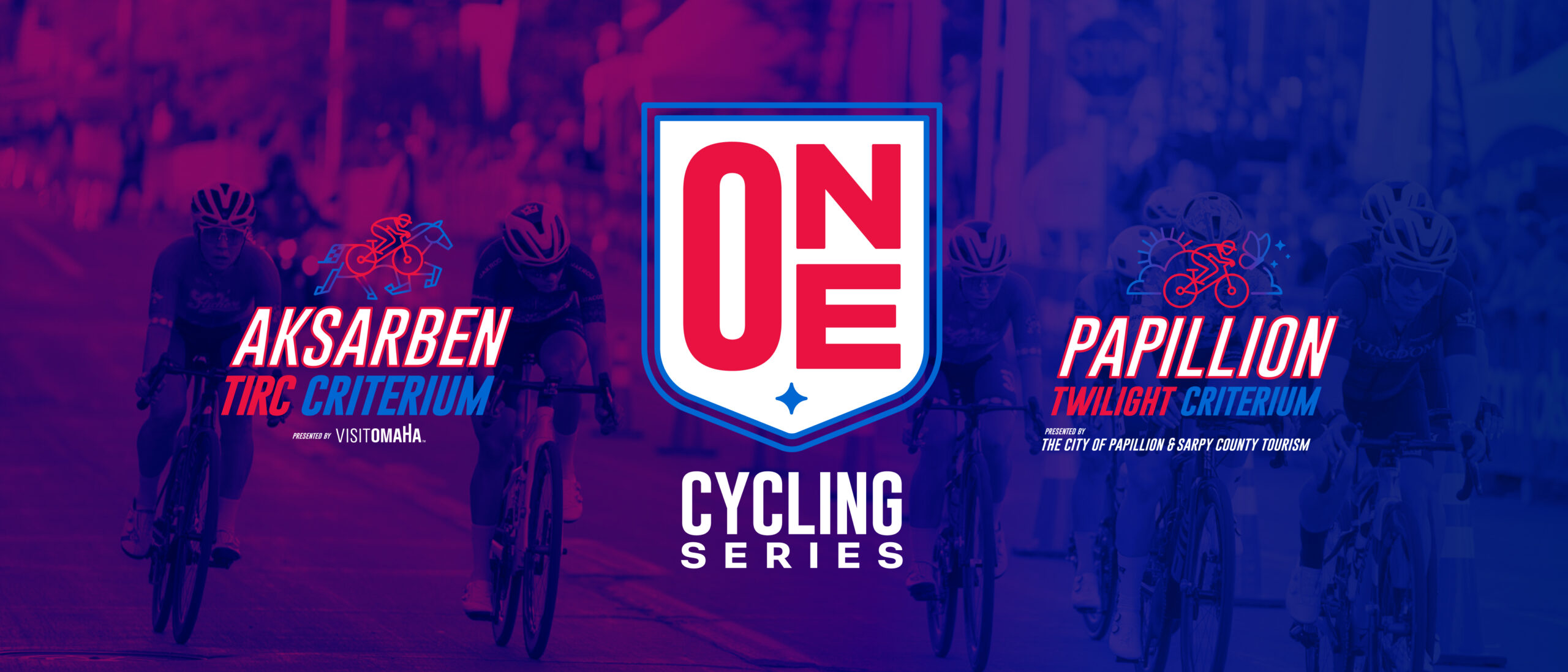 One Cycling Series logo shield with Aksarben Tirc and Papillion Twilight Criterium logos on either side
