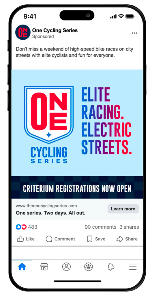 Smart pone with Facebook ad displayed. The add is for the One Cycling Series.