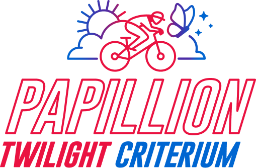 Logo with a biker riding a bike in front of a cloud with the sun peaking out and a butterfly in front of them. The words Papillion Twilight Criterium written out underneath.