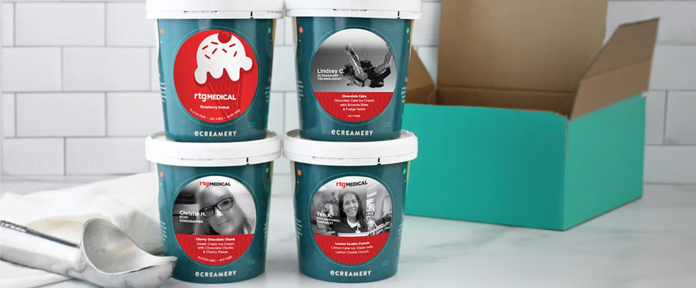 Custom ice cream pints with labels featuring RTG nurses.